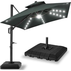 imageBest Choice Products 10ft Square Cantilever Patio Umbrella wBase Included Woodgrain Pattern Pole ampamp Solar LED Lights 360Rotation Offset Hanging Outdoor Shade  Sky BlueSlate