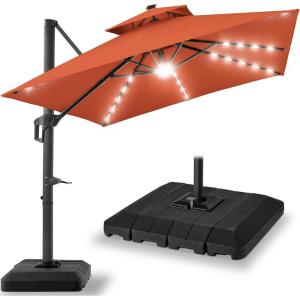 imageBest Choice Products 10ft Square Cantilever Patio Umbrella wBase Included Woodgrain Pattern Pole ampamp Solar LED Lights 360Rotation Offset Hanging Outdoor Shade  Sky BlueRust