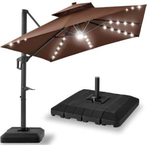 imageBest Choice Products 10ft Square Cantilever Patio Umbrella wBase Included Woodgrain Pattern Pole ampamp Solar LED Lights 360Rotation Offset Hanging Outdoor Shade  Sky BlueBrown
