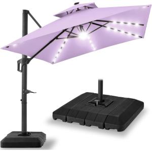 imageBest Choice Products 10ft Square Cantilever Patio Umbrella wBase Included Woodgrain Pattern Pole ampamp Solar LED Lights 360Rotation Offset Hanging Outdoor Shade  Sky BlueLavender