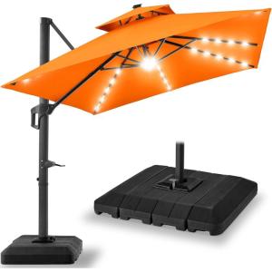 imageBest Choice Products 10ft Square Cantilever Patio Umbrella wBase Included Woodgrain Pattern Pole ampamp Solar LED Lights 360Rotation Offset Hanging Outdoor Shade  Sky BlueOrange