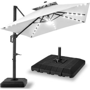 imageBest Choice Products 10ft Square Cantilever Patio Umbrella wBase Included Woodgrain Pattern Pole ampamp Solar LED Lights 360Rotation Offset Hanging Outdoor Shade  Sky BlueFog Gray