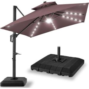imageBest Choice Products 10ft Square Cantilever Patio Umbrella wBase Included Woodgrain Pattern Pole ampamp Solar LED Lights 360Rotation Offset Hanging Outdoor Shade  Sky BlueDeep Taupe
