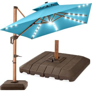 imageBest Choice Products 10ft Square Cantilever Patio Umbrella wBase Included Woodgrain Pattern Pole ampamp Solar LED Lights 360Rotation Offset Hanging Outdoor Shade  Sky BlueSky Blue