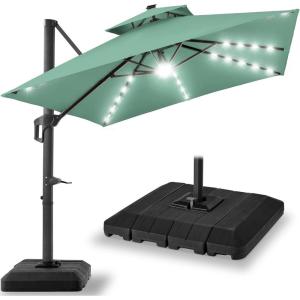 imageBest Choice Products 10ft Square Cantilever Patio Umbrella wBase Included Woodgrain Pattern Pole ampamp Solar LED Lights 360Rotation Offset Hanging Outdoor Shade  Sky BlueSeaglass