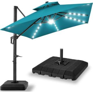 imageBest Choice Products 10ft Square Cantilever Patio Umbrella wBase Included Woodgrain Pattern Pole ampamp Solar LED Lights 360Rotation Offset Hanging Outdoor Shade  Sky BlueCerulean