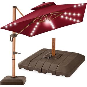 imageBest Choice Products 10ft Square Cantilever Patio Umbrella wBase Included Woodgrain Pattern Pole ampamp Solar LED Lights 360Rotation Offset Hanging Outdoor Shade  Sky BlueBurgundy