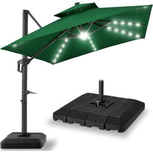 imageBest Choice Products 10ft Square Cantilever Patio Umbrella wBase Included Woodgrain Pattern Pole ampamp Solar LED Lights 360Rotation Offset Hanging Outdoor Shade  Sky BlueGreen