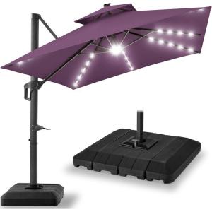 imageBest Choice Products 10ft Square Cantilever Patio Umbrella wBase Included Woodgrain Pattern Pole ampamp Solar LED Lights 360Rotation Offset Hanging Outdoor Shade  Sky BlueAmethyst Purple