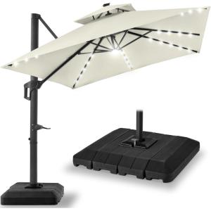 imageBest Choice Products 10ft Square Cantilever Patio Umbrella wBase Included Woodgrain Pattern Pole ampamp Solar LED Lights 360Rotation Offset Hanging Outdoor Shade  Sky BlueIvory