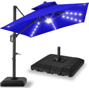 imageBest Choice Products 10ft Square Cantilever Patio Umbrella wBase Included Woodgrain Pattern Pole ampamp Solar LED Lights 360Rotation Offset Hanging Outdoor Shade  Sky BlueResort Blue