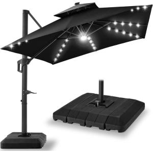 imageBest Choice Products 10ft Square Cantilever Patio Umbrella wBase Included Woodgrain Pattern Pole ampamp Solar LED Lights 360Rotation Offset Hanging Outdoor Shade  Sky BlueBlack