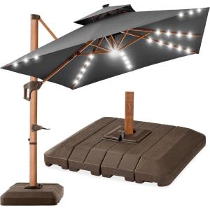 imageBest Choice Products 10ft Square Cantilever Patio Umbrella wBase Included Woodgrain Pattern Pole ampamp Solar LED Lights 360Rotation Offset Hanging Outdoor Shade  Sky BlueGray