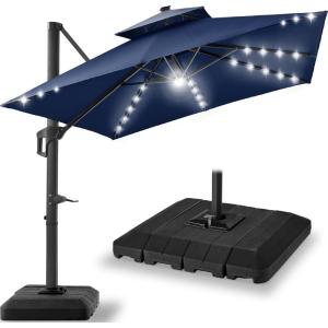 imageBest Choice Products 10ft Square Cantilever Patio Umbrella wBase Included Woodgrain Pattern Pole ampamp Solar LED Lights 360Rotation Offset Hanging Outdoor Shade  Sky BlueNavy Blue