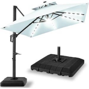 imageBest Choice Products 10ft Square Cantilever Patio Umbrella wBase Included Woodgrain Pattern Pole ampamp Solar LED Lights 360Rotation Offset Hanging Outdoor Shade  Sky BlueBaby Blue