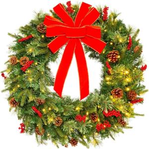 imageBest Choice Products 24in PreLit Battery Powered Christmas Wreath Artificial PreDecorated Holiday Accent w 70 Lights 96 PVC Tips Ribbons Pine Cones24in