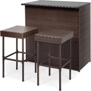imageBest Choice Products 3Piece AllWeather Wicker Bar Table Set for Indoor Outdoor Kitchen Patio Backyard w 2 Stools Glass Tabletop Storage Shelves  Brown
