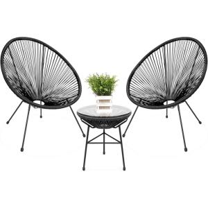 imageBest Choice Products 3Piece Outdoor Acapulco AllWeather Patio Conversation Bistro Set wPlastic Rope Glass Top Table and 2 Chairs  BlackBlack