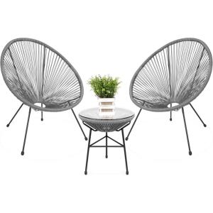 imageBest Choice Products 3Piece Outdoor Acapulco AllWeather Patio Conversation Bistro Set wPlastic Rope Glass Top Table and 2 Chairs  BlackGrey