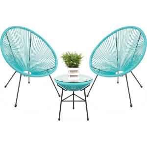 imageBest Choice Products 3Piece Outdoor Acapulco AllWeather Patio Conversation Bistro Set wPlastic Rope Glass Top Table and 2 Chairs  BlackLight Blue