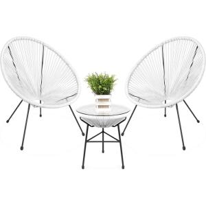 imageBest Choice Products 3Piece Outdoor Acapulco AllWeather Patio Conversation Bistro Set wPlastic Rope Glass Top Table and 2 Chairs  BlackWhite