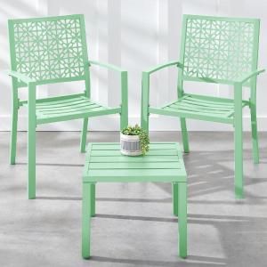 imageBest Choice Products 3Piece Outdoor Bistro Set Stackable Modern Steel Furniture for Porch Garden w 2 Chairs Table Geometric Decor  Peacock BlueMint Green