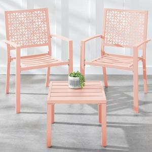 imageBest Choice Products 3Piece Outdoor Bistro Set Stackable Modern Steel Furniture for Porch Garden w 2 Chairs Table Geometric Decor  Peacock BluePeach