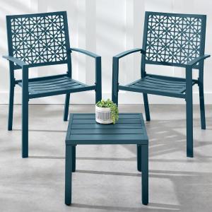 imageBest Choice Products 3Piece Outdoor Bistro Set Stackable Modern Steel Furniture for Porch Garden w 2 Chairs Table Geometric Decor  Peacock BluePeacock Blue
