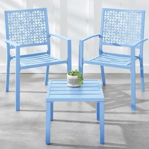 imageBest Choice Products 3Piece Outdoor Bistro Set Stackable Modern Steel Furniture for Porch Garden w 2 Chairs Table Geometric Decor  Peacock BlueSky Blue