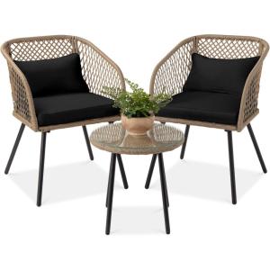imageBest Choice Products 3Piece Outdoor Wicker Bistro Set Patio Dining Conversation Furniture for Backyard Balcony Porch wDiamond Weave Design Tempered Glass Side Table 2 Chairs  BlackBlack