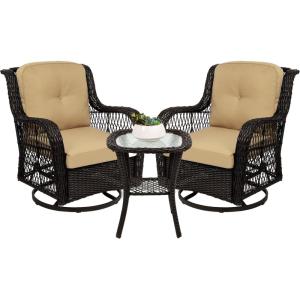 imageBest Choice Products 3Piece Outdoor Wicker Patio Bistro Set w 2 360Degree Swivel Rocking Chairs and Tempered Glass Top Side Table  BeigeBeige