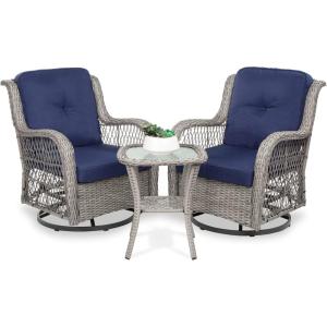 imageBest Choice Products 3Piece Outdoor Wicker Patio Bistro Set w 2 360Degree Swivel Rocking Chairs and Tempered Glass Top Side Table  BeigeNavy