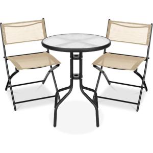 imageBest Choice Products 3Piece Patio Bistro Dining Furniture Set wTextured Glass Tabletop 2 Steel Folding Chairs Polyester Fabric  RedBeige