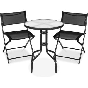 imageBest Choice Products 3Piece Patio Bistro Dining Furniture Set wTextured Glass Tabletop 2 Steel Folding Chairs Polyester Fabric  RedBlack