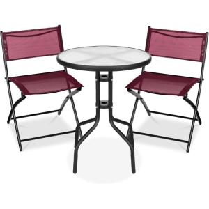 imageBest Choice Products 3Piece Patio Bistro Dining Furniture Set wTextured Glass Tabletop 2 Steel Folding Chairs Polyester Fabric  RedBurgundy