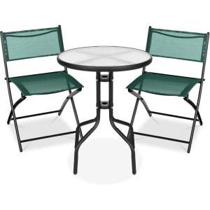imageBest Choice Products 3Piece Patio Bistro Dining Furniture Set wTextured Glass Tabletop 2 Steel Folding Chairs Polyester Fabric  RedDark Green