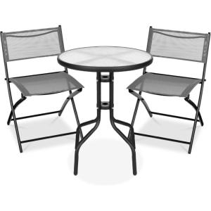 imageBest Choice Products 3Piece Patio Bistro Dining Furniture Set wTextured Glass Tabletop 2 Steel Folding Chairs Polyester Fabric  RedGrey