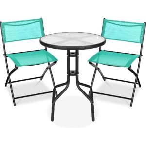 imageBest Choice Products 3Piece Patio Bistro Dining Furniture Set wTextured Glass Tabletop 2 Steel Folding Chairs Polyester Fabric  RedMint