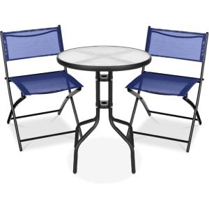 imageBest Choice Products 3Piece Patio Bistro Dining Furniture Set wTextured Glass Tabletop 2 Steel Folding Chairs Polyester Fabric  RedNavy