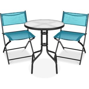 imageBest Choice Products 3Piece Patio Bistro Dining Furniture Set wTextured Glass Tabletop 2 Steel Folding Chairs Polyester Fabric  RedPeacock