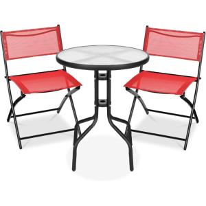 imageBest Choice Products 3Piece Patio Bistro Dining Furniture Set wTextured Glass Tabletop 2 Steel Folding Chairs Polyester Fabric  RedRed