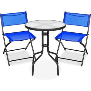 imageBest Choice Products 3Piece Patio Bistro Dining Furniture Set wTextured Glass Tabletop 2 Steel Folding Chairs Polyester Fabric  RedResort Blue