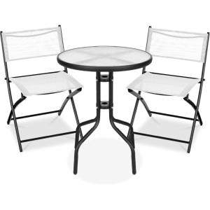 imageBest Choice Products 3Piece Patio Bistro Dining Furniture Set wTextured Glass Tabletop 2 Steel Folding Chairs Polyester Fabric  RedWhite