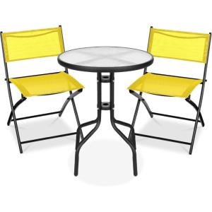 imageBest Choice Products 3Piece Patio Bistro Dining Furniture Set wTextured Glass Tabletop 2 Steel Folding Chairs Polyester Fabric  RedYellow