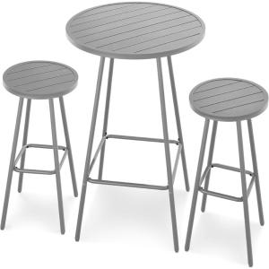 imageBest Choice Products 3Piece Patio Dining Set Bar Height Outdoor Bistro Set Outdoor Round Bar Table w 2 Bar Stools Steel  SageGrey