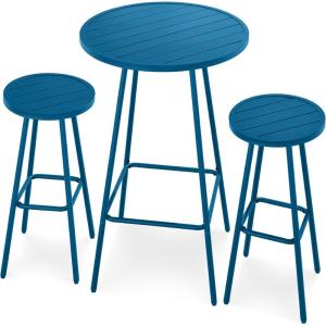 imageBest Choice Products 3Piece Patio Dining Set Bar Height Outdoor Bistro Set Outdoor Round Bar Table w 2 Bar Stools Steel  SagePeacock Blue