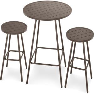 imageBest Choice Products 3Piece Patio Dining Set Bar Height Outdoor Bistro Set Outdoor Round Bar Table w 2 Bar Stools Steel  SageTaupe