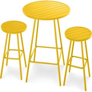 imageBest Choice Products 3Piece Patio Dining Set Bar Height Outdoor Bistro Set Outdoor Round Bar Table w 2 Bar Stools Steel  SageYellow