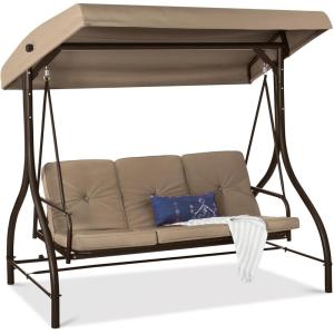 imageBest Choice Products 3Seat Outdoor Large Converting Canopy Swing Glider Patio Hammock Lounge Chair for Porch Backyard wFlatbed Adjustable Shade Removable Cushions  BlackDesert Taupe