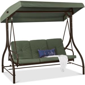 imageBest Choice Products 3Seat Outdoor Large Converting Canopy Swing Glider Patio Hammock Lounge Chair for Porch Backyard wFlatbed Adjustable Shade Removable Cushions  BlackMidnight Green